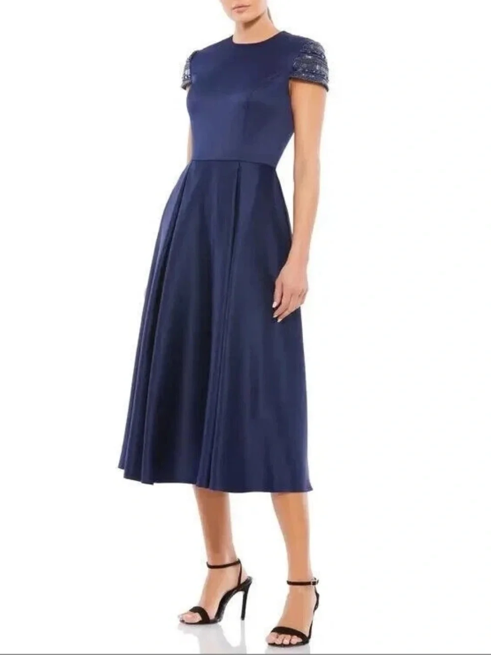 Mac Duggal Navy Blue Hand-Beaded Cap Sleeve A-Line Midi Dress
